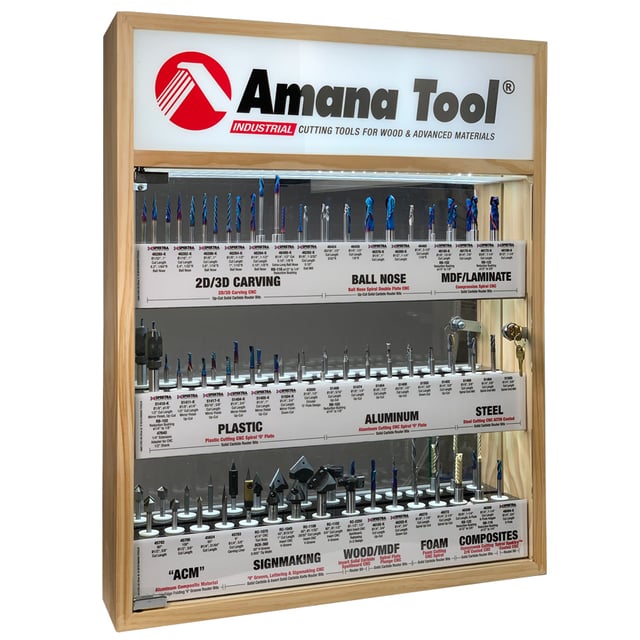 Amana Tool AMS-CNC-60 CNC Master Router Bit Collection Includes 57 SKUs and LED Illuminated, Mirrored Interior and Solid Wood Display