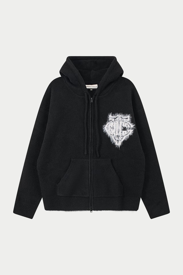 MONOGRAM FLUFFY KNIT ZIP THROUGH HOODIE - BLACK