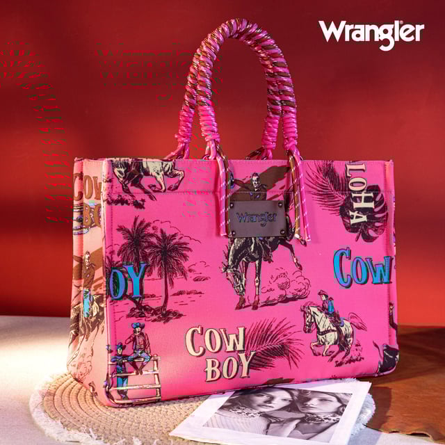 WG284D-8119  Wrangler COWBOY  Dual Sided Print Canvas Wide Tote -Hot Pink