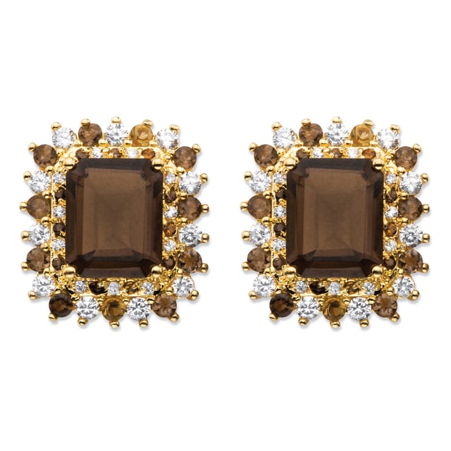 10.31 TCW Emerald-Cut Genuine Smoky Topaz and CZ Accent Halo Earrings Gold-Plated 