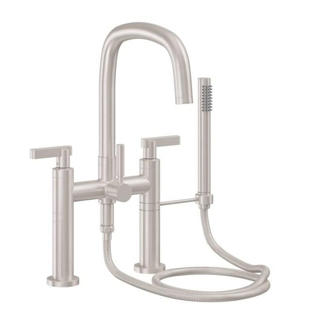 California Faucets 0808-37.18-SN San Elijo 17 1/2" Contemporary Deck Mounted Quad Arc Spout Tub Filler with Handshower With Flow Rate: 1.8 GPM And Handles: 37 Series Handle And Finish: Satin Nickel