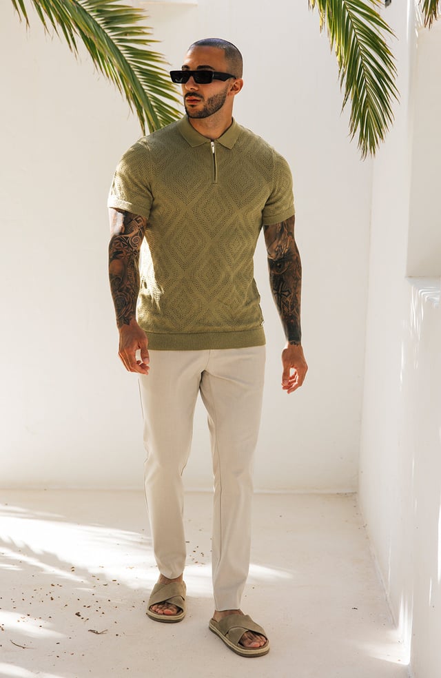 Chalbi Slim Fit Knit Pointelle Zip Polo in Green
