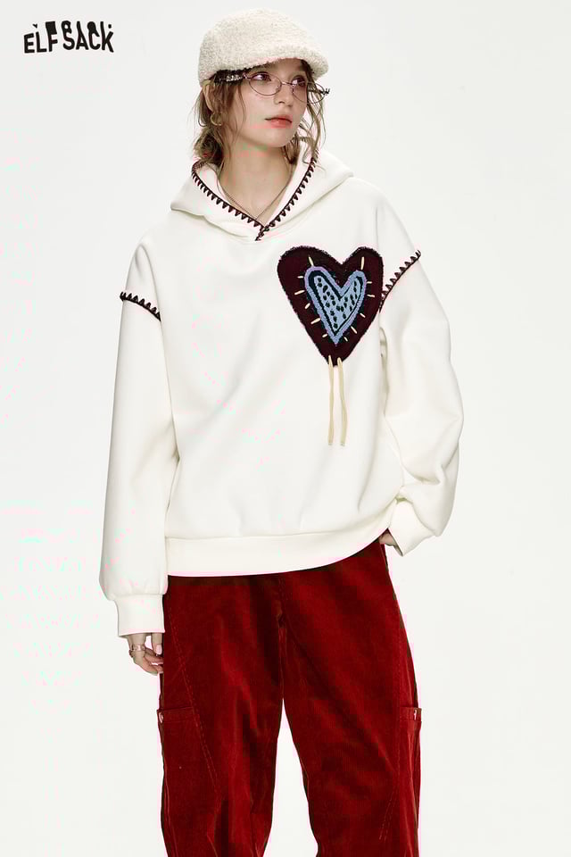 White Heart Jacquard Shell Thread Hooded Plush Hoodie