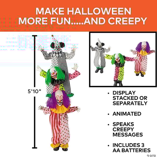 5 Ft 10 3/4 Animated Standing Light-Up LED Stacked Clown Trio Halloween Decoration