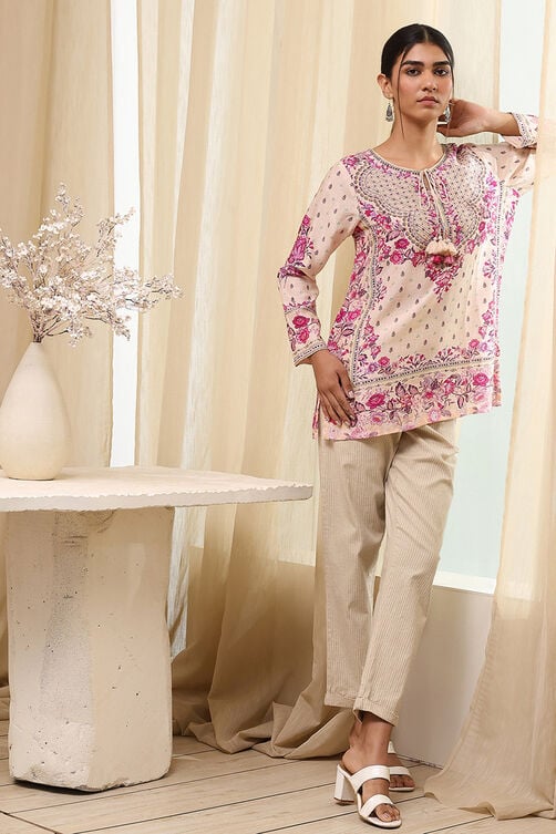 Off-White and Pink Modal Blend Straight Short Kurta