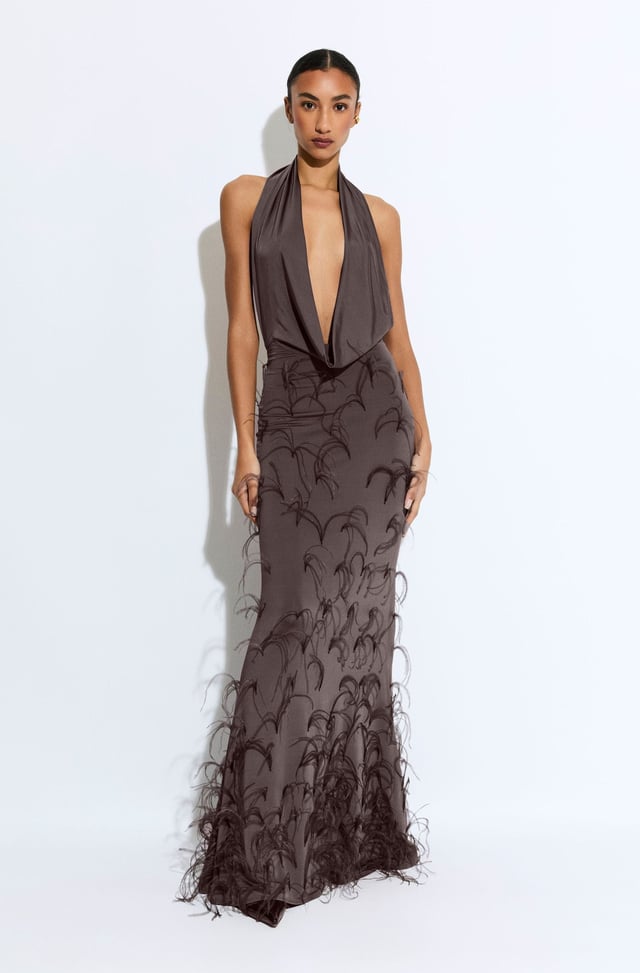 Lightweight Jersey Deep Cowl Neck Gown With Feathers