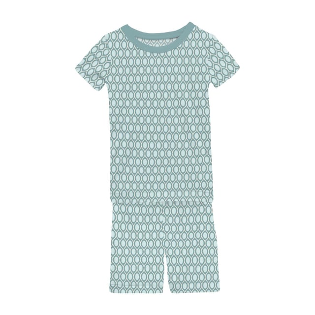 Print Short Sleeve Pajama Set with Shorts in Jade Wavy Lattice