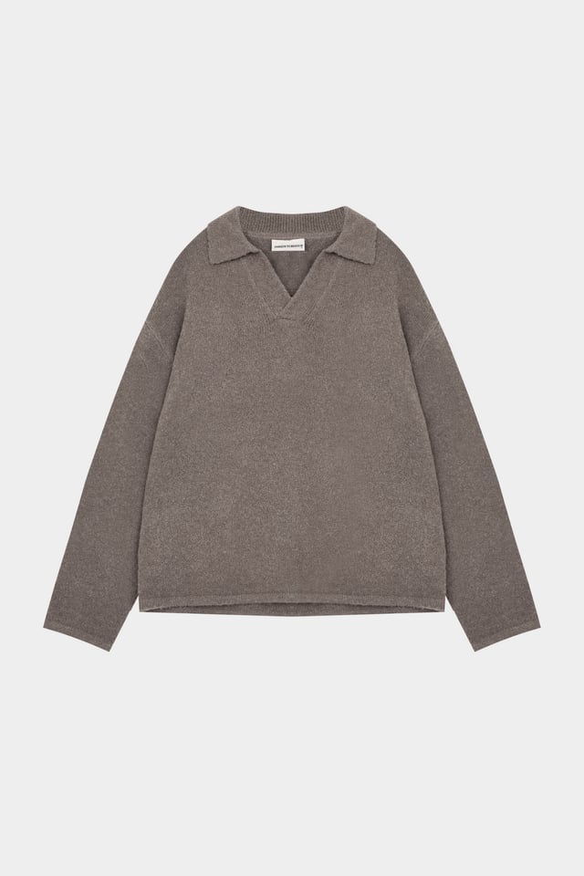 BOUCLE KNIT LONG SLEEVE POLO - BROWN