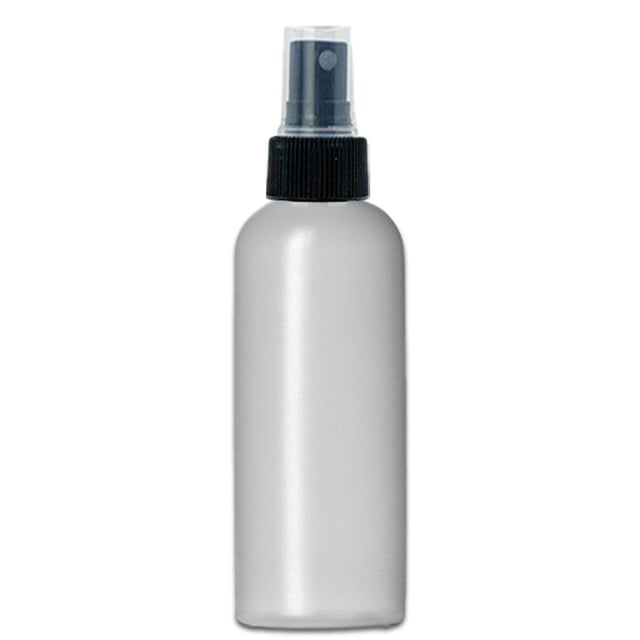 4 oz Natural-Colored HDPE Plastic Imperial Round Bottle w/ Black Fine Mist Top
