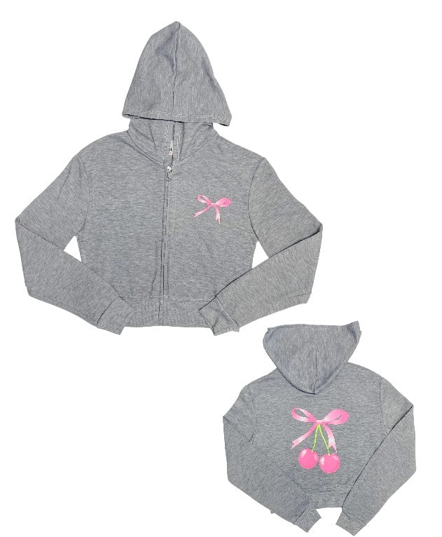 Firehouse Grey + Pink Cherry Bow Zip Up Hooded Sweatshirt- Size 14