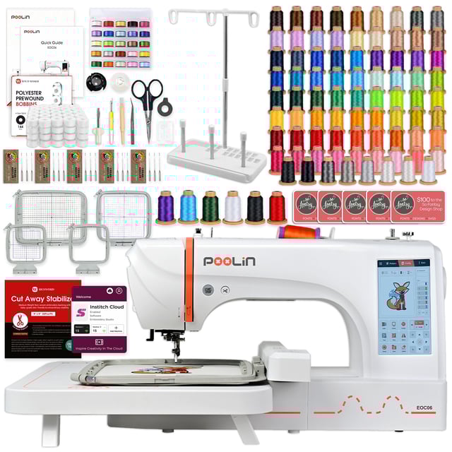POOLIN EOC06 7.9in x 11in Embroidery Machine with 80 Embroidery Spools Bundle