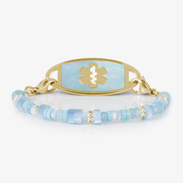 Avalon Beaded Stretch Medical ID Bracelet in Blue Mother of Pearl and Gold