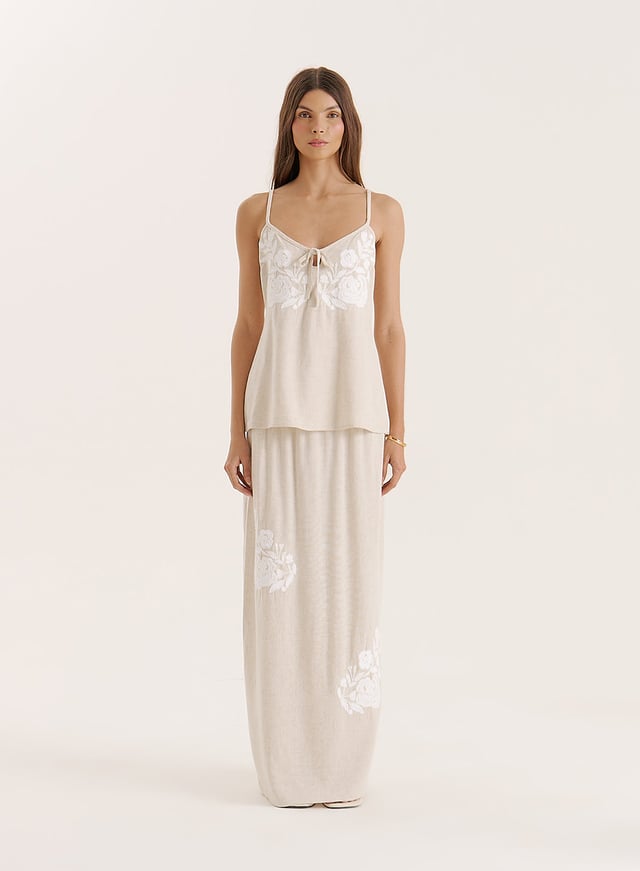 Beige Linen Blend Flower Detail Maxi Skirt- Dori