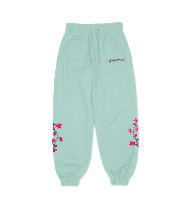 Teal Cherry Blossom-Embroidered Cotton Sweatpants