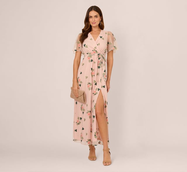Floral Embroidered Maxi Dress With Sheer Flutter Sleeves In Blush Multi