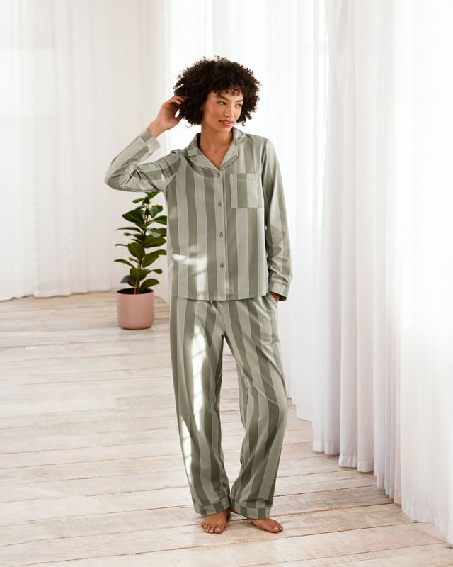 Organic Cotton Stripe Button Up Pyjama Set - Khaki