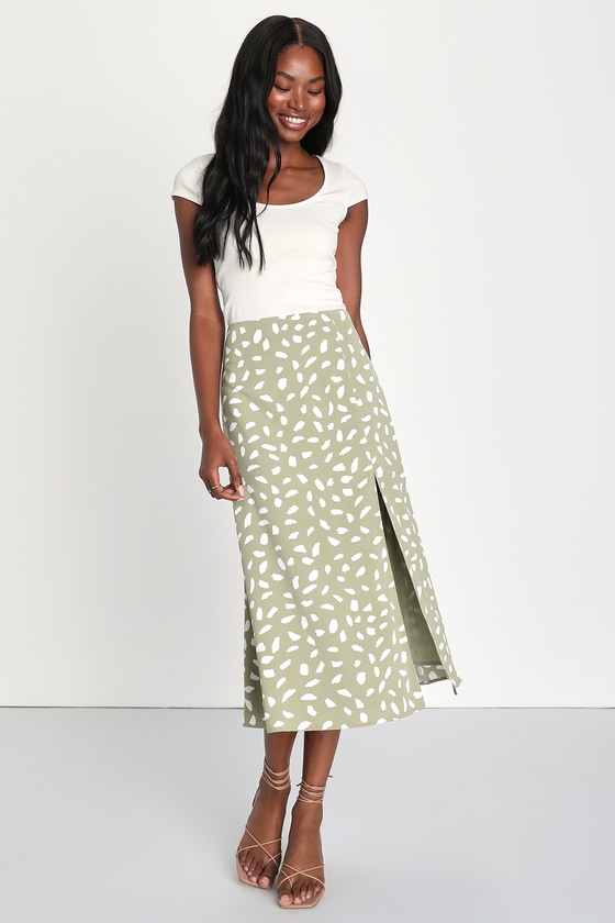 Getting Glam Sage Green Print Slit Midi Skirt