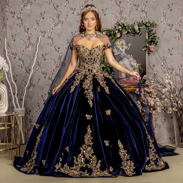 Long Metallic Quinceanera Dress Cape Ball Gown