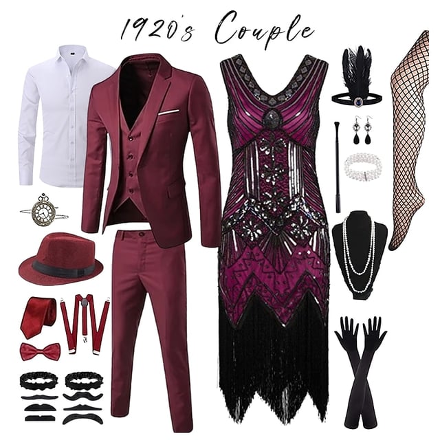 Roaring 20s Costumes for Couples Gangster Gentleman Flapper Girls Couples Costume Suits Blazer Flapper Dress 1920s Fancy Dress The Great Gatsby Outfit