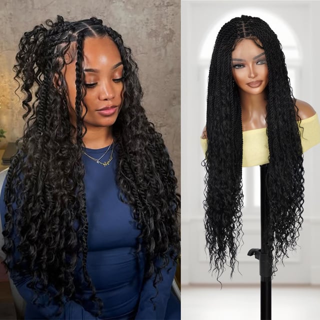 Authentic Glueless Full Lace Braided Wig Small Knotless Boho Island Twist Deep Bulk 1B 32" BW Unit16