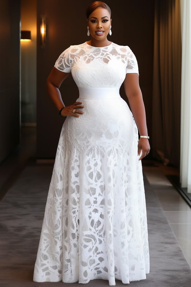 Xpluswear Design Plus Size Wedding White Round Neck Short Sleeve Elegant Guipure Lace Maxi Dresses [Pre-Order]