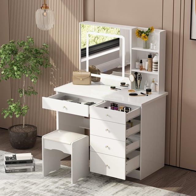 Makeup Vanity Set with Sliding Lighted Mirror, Cushioned Stool, 5 Drawers & Shelves