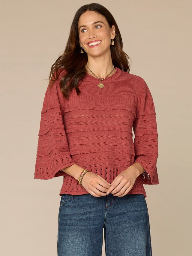 Bell Sleeve Round Neck Crochet Edge Variegated Stitch Mix Sweater