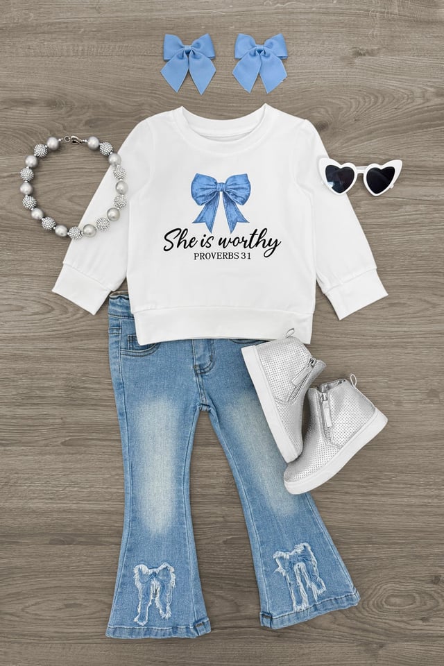 "She Is Worthy" Denim Bow Flare Pant Set