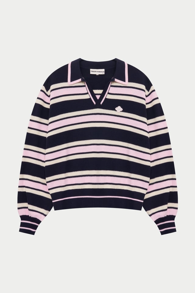 STRIPE KNITTED POLO SWEATSHIRT - NAVY