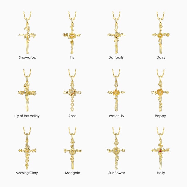 Birth Flower Cross Pendant Necklace