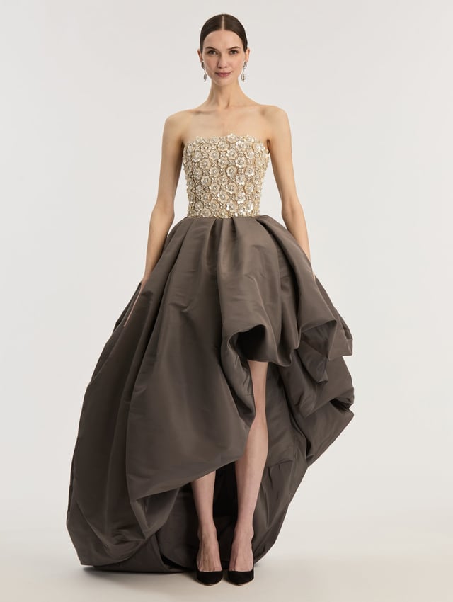 Strapless High Low Embroidered Gown