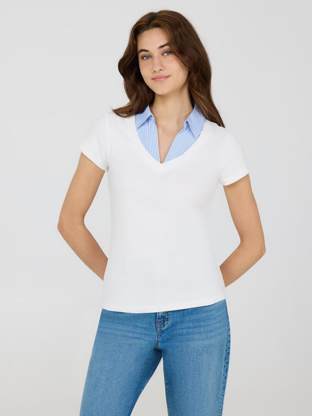 Poplin Collar Ribbed V-Neck Top