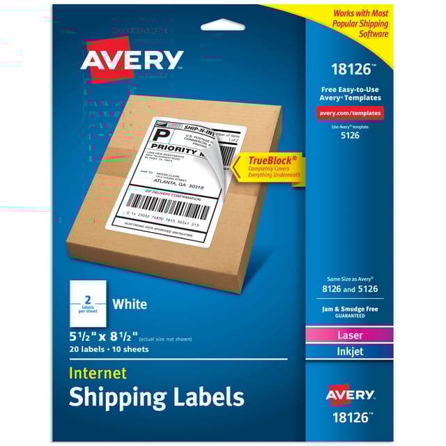 Avery® Internet Shipping Labels, TrueBlock® Technology,  Permanent Adhesive, 5-1/2" x 8-1/2",  20 Labels (18126)