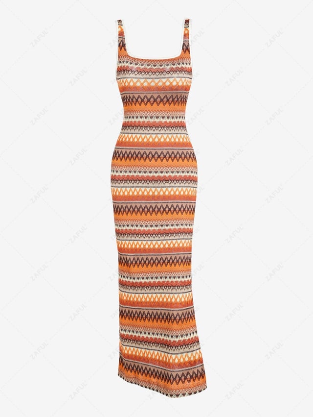 Women's Casual Vacation Geometric Knit Jacquard Thigh High Split Square Collar Sleeveless Midi Dress