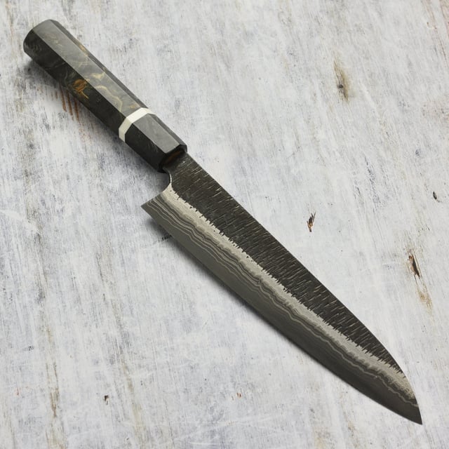 Hatsukokoro Itadaki Aogami #2 + Shirogami #2 Coreless Damascus 9.4" Gyuto