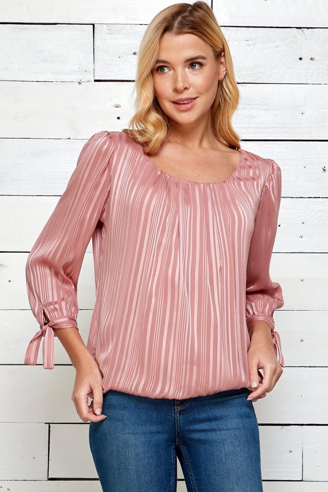 Roz & Ali 3/4 Length Tie Sleeve Pink Stripe Bubble Blouse
