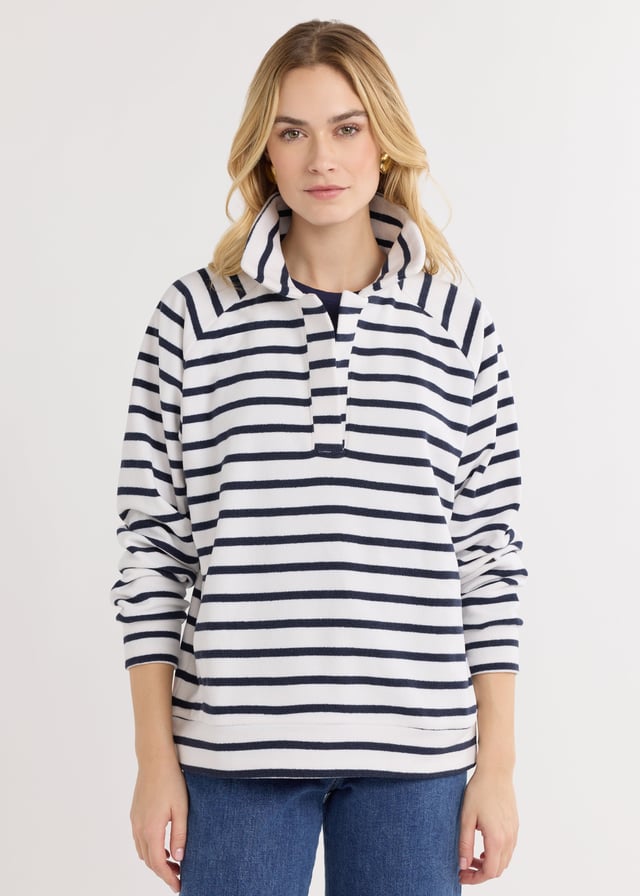 Ingrid Pullover in Terry Fleece (Navy/White Mariner Stripe)