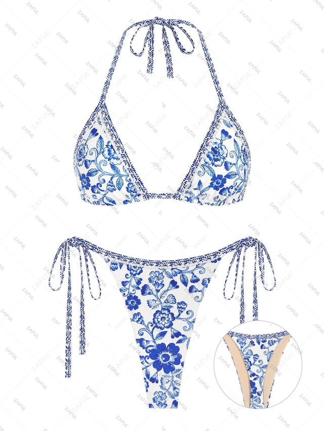 ZAFUL Women's Matching Two Piece Swimwear Floral Print Lace Insert Halter Tie Triangle Tie Side Thong Bikini Set