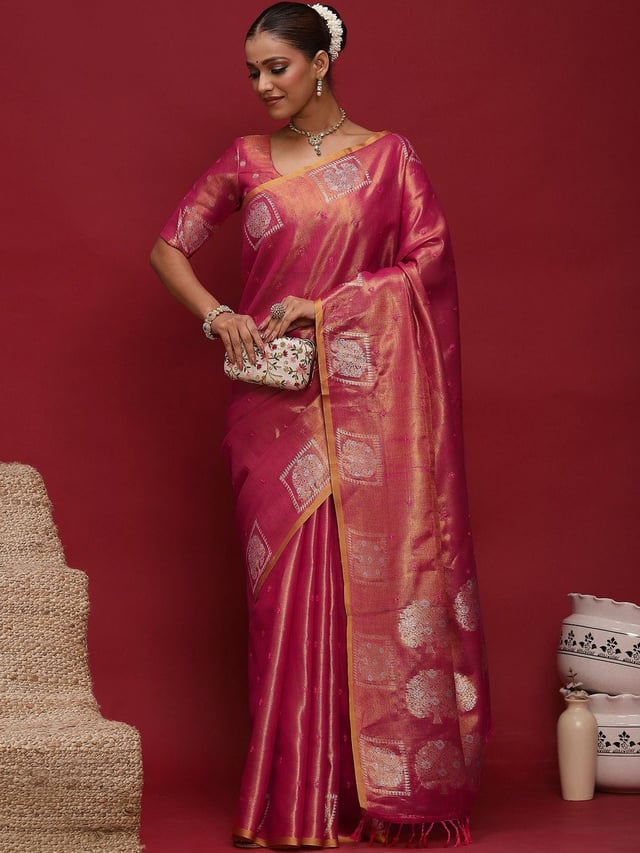 Anouk Ethnic Motifs Zari Linen Blend Tussar Saree
