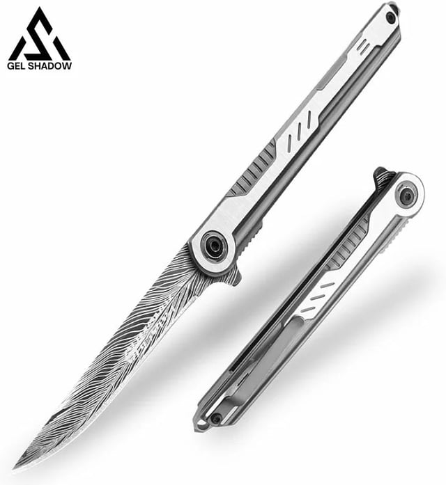 3.5 inch Pocket Knife with Clip and Feather Pattern Blade, EDC Knife for Outdoor