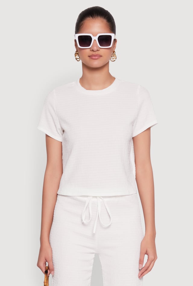 Trendy Textured Knit Cropped Crew Neck Top