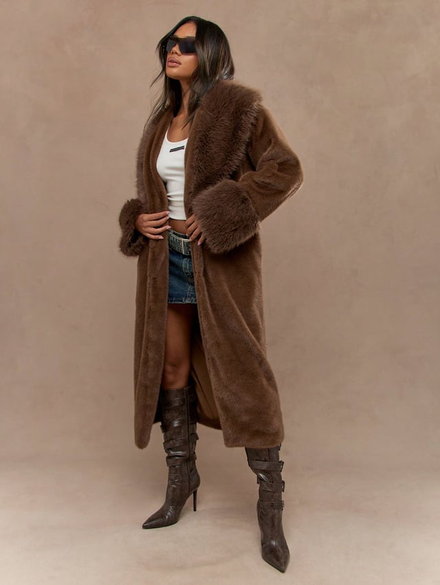Faux Fur Shawl Collar Cuff Detail Longline Coat
