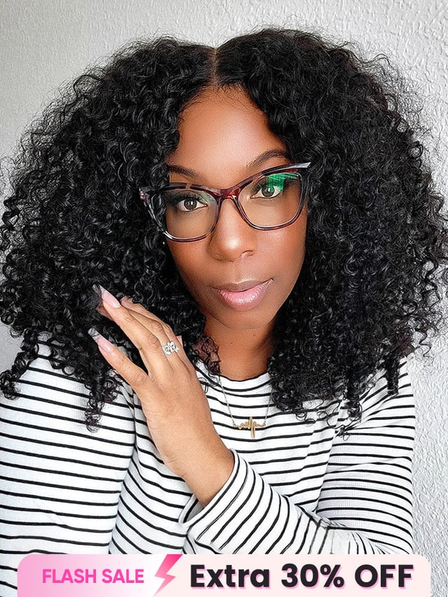 CurlyMe Pre-bleached Kinky Curly Pre-cut HD Lace Wear Go Glueless Wig Pre-plucked Natural Black