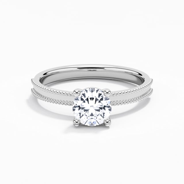Wide Beaded Round Moissanite Engagement Ring 1.00ct In White 14K White Gold Solitaire Straight Shank