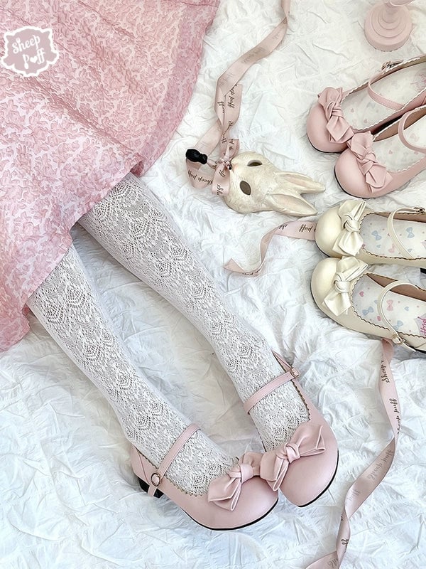 Sheep Puff - A Bit Round - Pink & Ivory Sweet Lolita Shoes, Round Toe