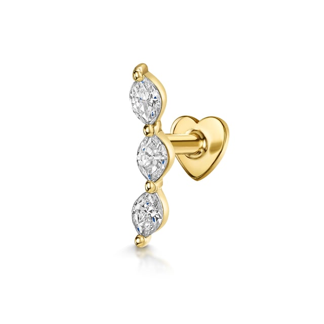 9k solid yellow gold marquise trinity flat back labret stud earring