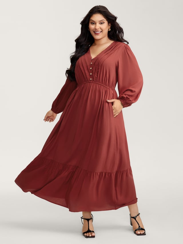 Pleated V-Neckline Tiered Maxi Dress