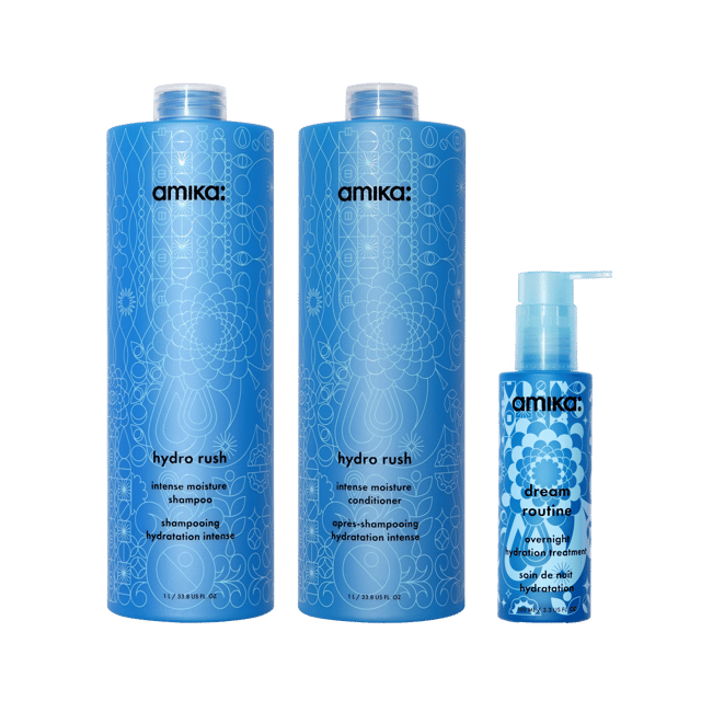 super-sized hydration set | hydro rush intense moisture shampoo + conditioner + dream routine overnight treatment