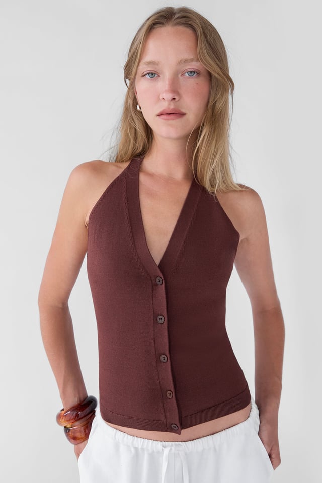 KNIT HALTER BUTTON FRONT TANK