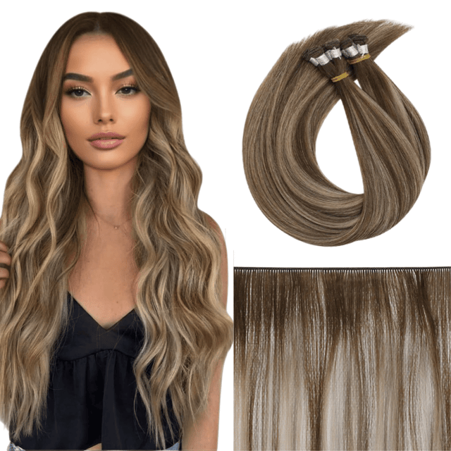 Virgin Hand Tied Weft Hair Extensions Balayage Brown #4/27/4